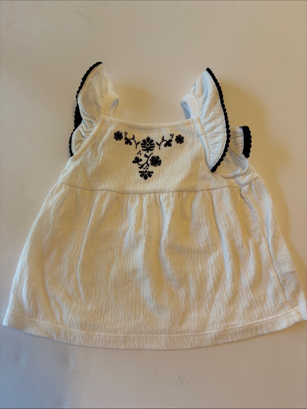 Carter's White Tank Top with Black Floral Embroidery and Ruffle Straps